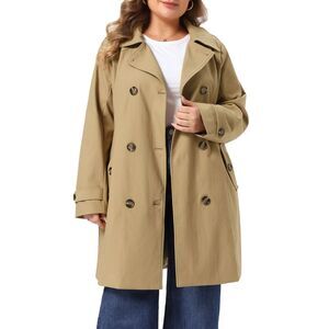 Women Plus Size Notch Lapel Double Breasted Trench Coats Khaki
